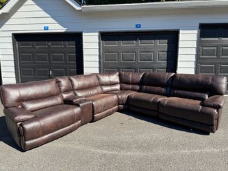 🔥Ashley Furniture Huge Brown Leather Power Reclining Sectional with Cup Holder Console.
