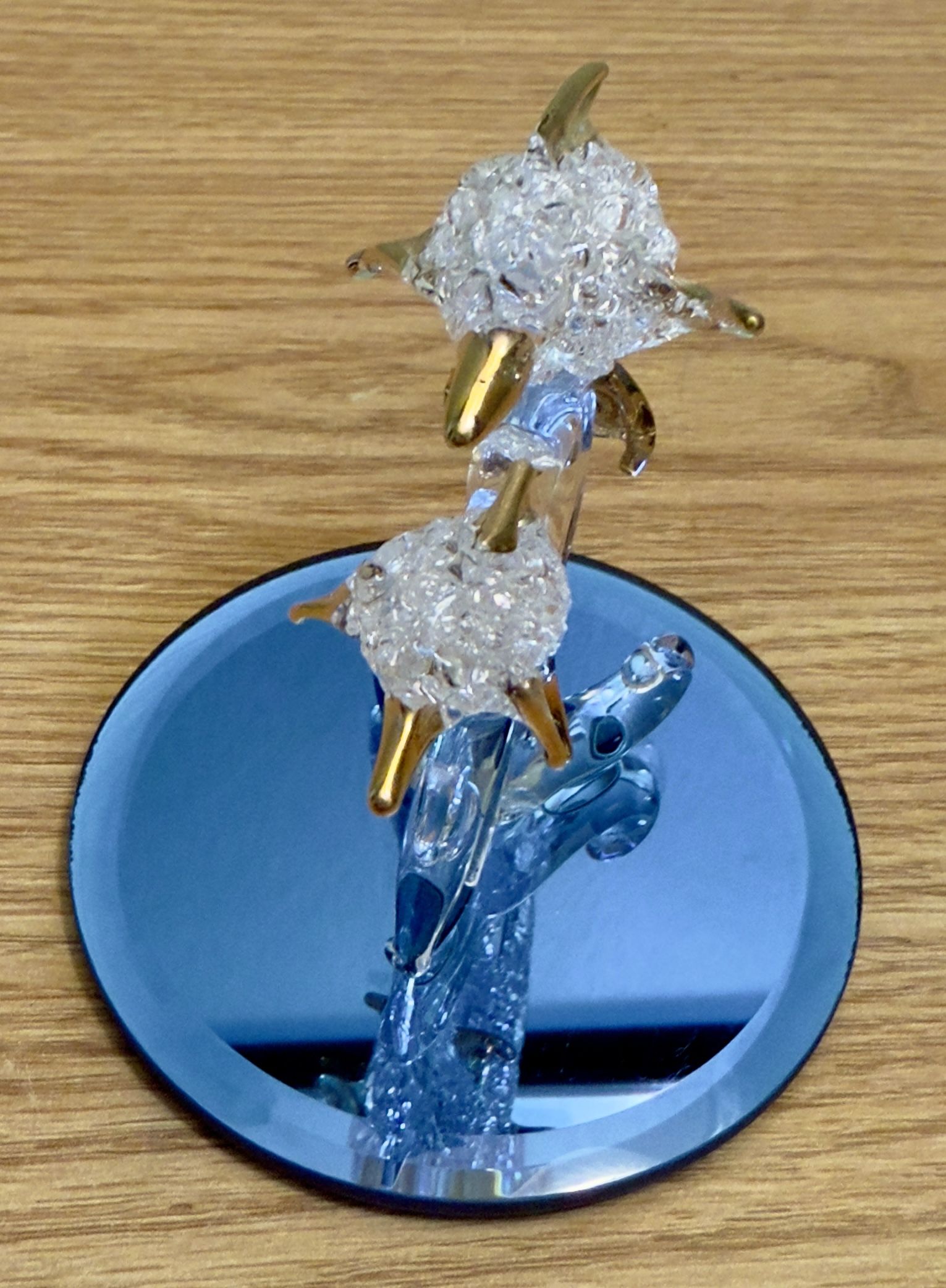 Spun Glass Dolphin Figurine on Mirror Base w/ Gold Highlights