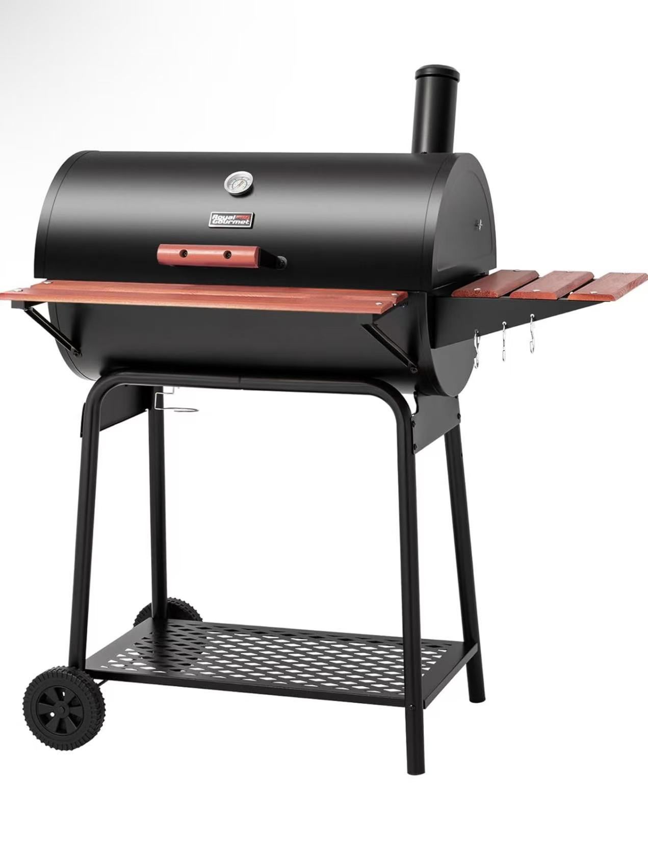 ❤️ Barrel Charcoal Grill with Wood-Painted Side Front Table, 627 Square Inches Cooking Space, for Outdoor Backyard, Patio and Parties, Black
