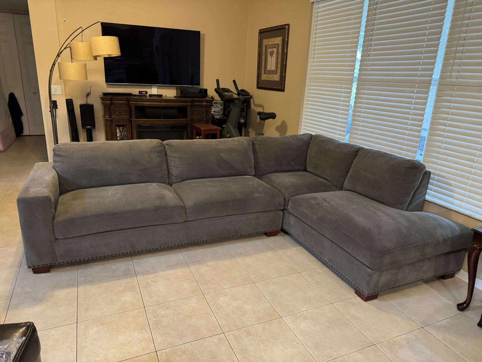 Gray Sofa Sectional Two Piece Right Arm with Nail Head Trim 