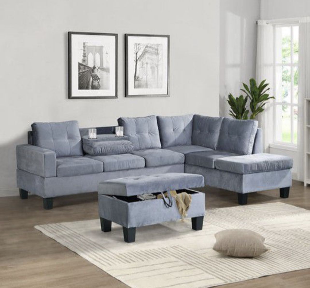 Allen Parkway Gray Velvet Sectional With Ottoman Set And Free Drop Off Delivery