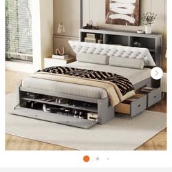 Ross Gray Wood Frame Queen Size Platform Bed with Upholstered Storage Headboard, Shoe Rack, 4-Drawers