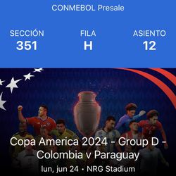 2 Tickets Colombia vs Paraguay Copa América 