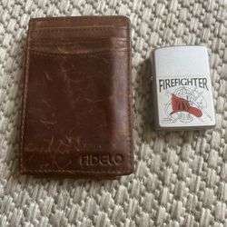 Fidelo Leather Wallet And Zippo Firefighter Lighter 