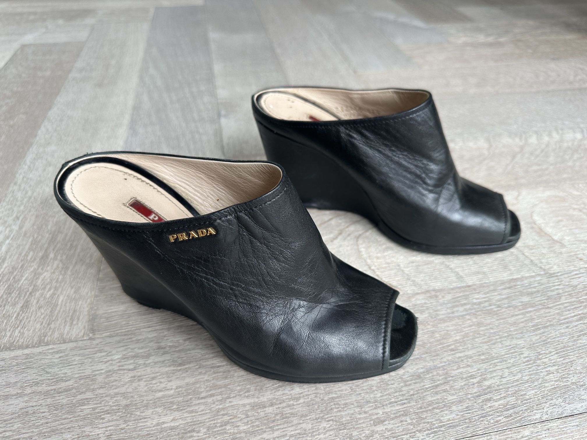 Prada 37.5 Womens Black Wedge Heel Open Toe Mules