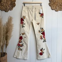 Driftwood x Free People corduroy flare pants high waisted floral embroidery 27