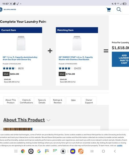 Clothes Washer (Electric) With Matching Clothes Dryer (Gas)