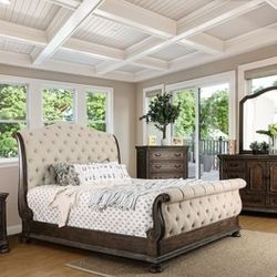 Brand New Upscale Rustic Natural Tone & Beige 4pc Queen Bed Set (Available In California & Eastern King)