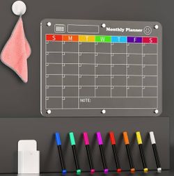 Acrylic Calendar for Fridge, 16"x12" Clear Magnetic Calendar for Fridge Reusable Monthly Planner Board Refrigerator Calendar with 8 Colors Markers