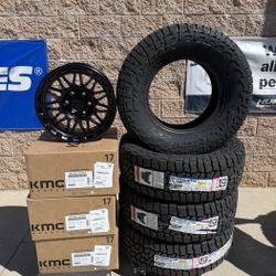 17x8.5 KMC KM555 Matte Black Wheels + 285/70R17 Falken A/T4W – 6x5.5 – Brand New – Package Deal