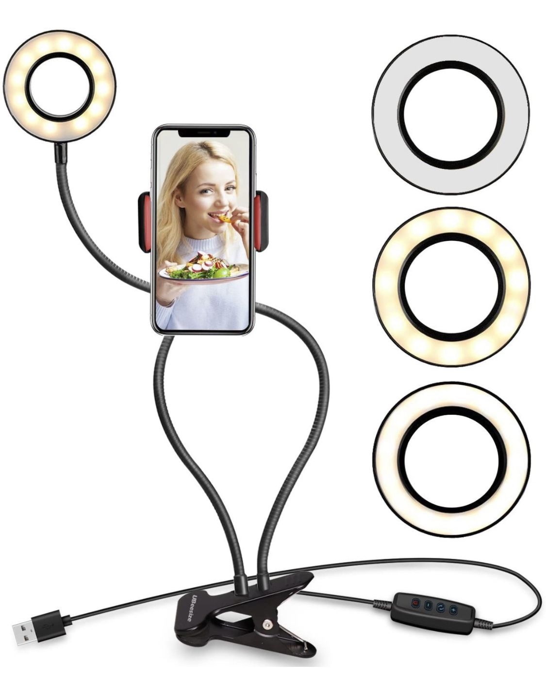 UBeesize Selfie Ring Light with Cell Phone Holder Stand for Live Stream/Makeup, Clip on, Flexible Arms
