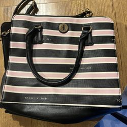 Tommy Hilfiger - Pink White & Black Striped Handbag - Purse, Tote, Shoulder Bag