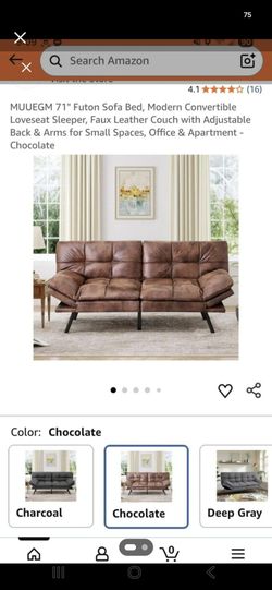 Modern convertible loveseat sleeper futon, chocolate color.