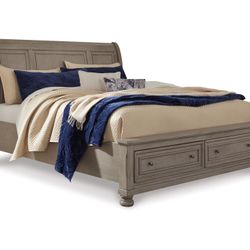 California King Light Gray Sleigh Bed with 2 Storage Drawers