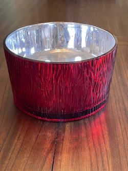 Large Red Mercury Glass Ribbed Bowl - Silver Mirrored Interior Centerpiece Candle Holder 8-9"