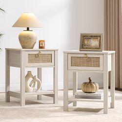 SICOTAS White Rattan Nightstand Set of 2 with Storage Shelf, Bedside Tables with Rattan Drawer, Boho End Tables with Storage ,white