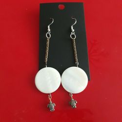 Long Dangle Turtle & White Shell Earrings