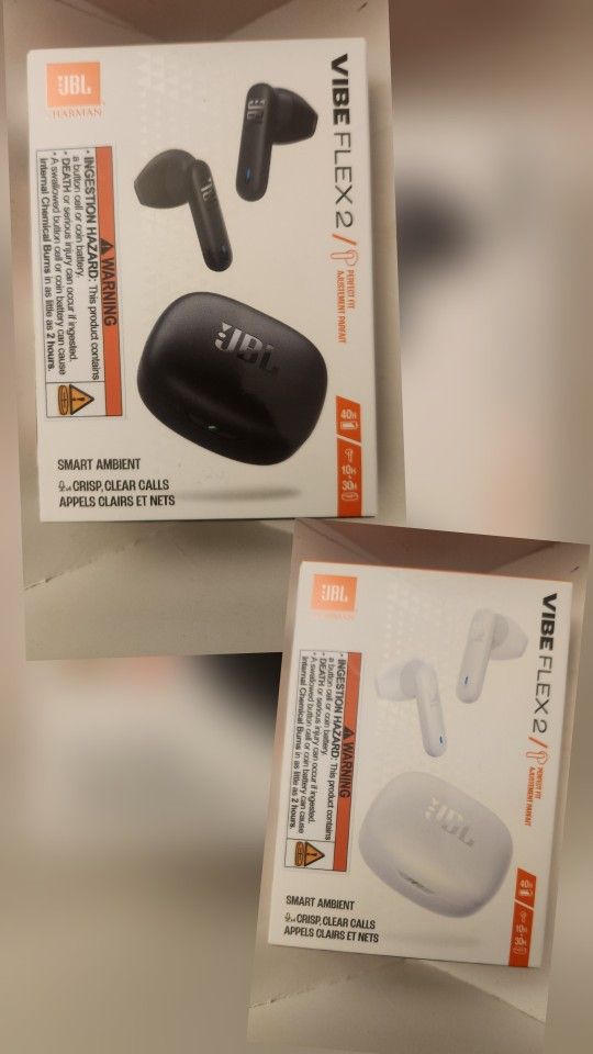 JBL VIBE FLEX 2 White or 1 Black Bluetooth 40HR Battery Wireless Earbuds Brand New SEALED $35 each
