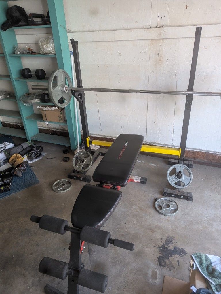 Weights, Rack, Barbell And Bench with Clips And 2 X 20lb Dumbbell