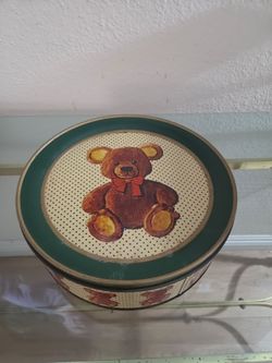 Vintage Teddy Bear Round Tin Container