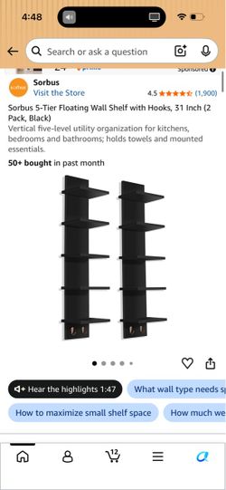 5-Tier Floating Wall Shelf with Hooks, Black (2 Pack)