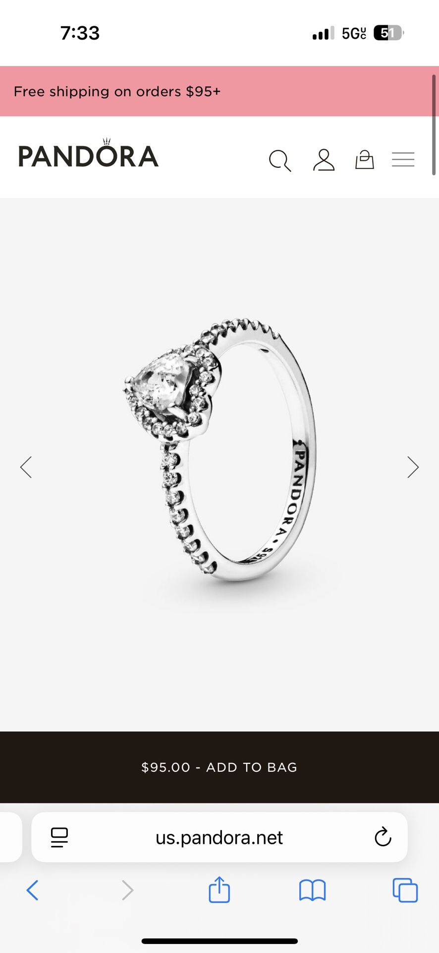 pandora heart ring size 7.5