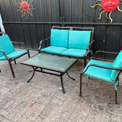Metal Bench (Rubber Seat Straps) & 2 Chairs w/ Cushions & Middle Metal/Glasstop Table