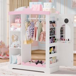 Kids Closet with Jewelry Cabinet, Dress up Storage with Shelves&Mirror, Costumes Wardrobe Closet with Hanging Rack for Toddlers,Organizer for Bedroom,