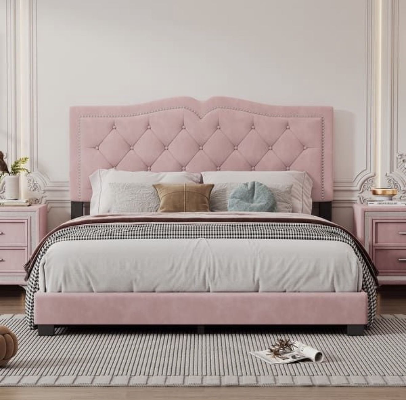 NEW Queen Velvet Upholstered Bed with Tufted Headboard and Rivet Detailing