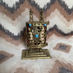 Vintage Judaica Brass Torah Holder Ten Commandments on Stand w/ Cover Israel
