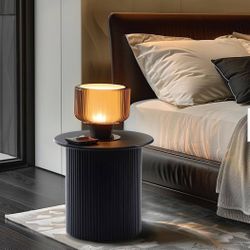 15.7 Black Round Fluted MDF End Table - LuxenHome 