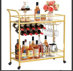 Gold Bar Cart with Wine Rack and Glass Holder