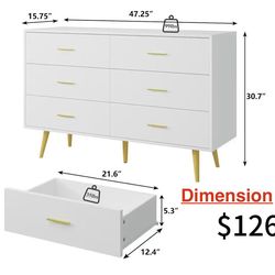 😀 Tradare White Dresser for Bedroom with Gold Handles, 6 Drawer Wood Dresser Modern Chest of Organizer Storage Drawers for Hallway, Living Room, TV S