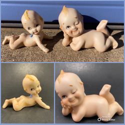 VTG Lefton Kewpie Winking Doll Bisque Porcelain Piano Baby + Bonus Blue Wing Baby-See Description