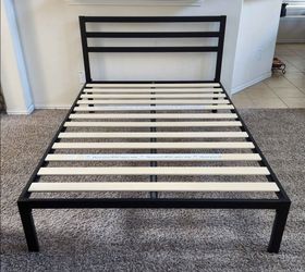 Full Size Industrial Design Steel Bed Frame with Headboard, Rails and Wood Slats. No Box Spring Needed