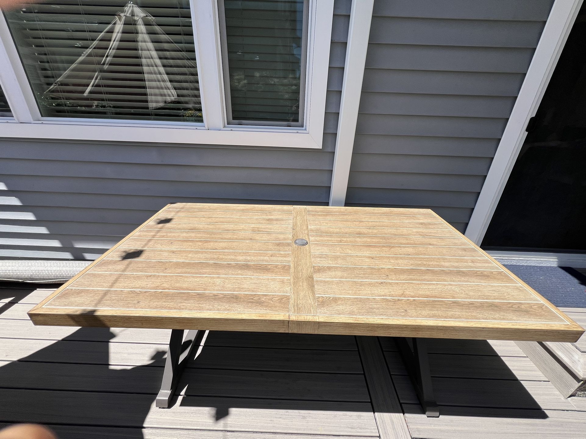 Outdoor Table/ Patio Table Rectangular Metal Outdoor Dining Table with Farmhouse Trestle Base and Tile Tabletop