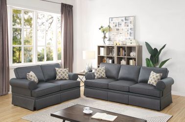 Brand new gray linen sofa + loveseat with lower skirt trim (LOVESEAT:34" x 66" x 35"H; SOFA:34" x 89" x 35"H)