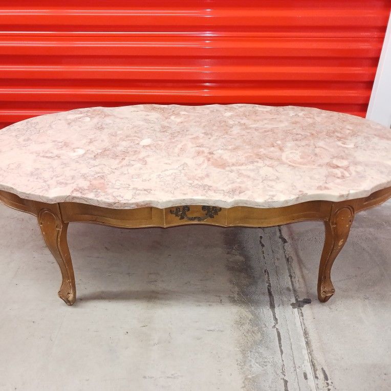 Vintage Hammary French Provincial Pink Marble Top Oak Wood End Table Side Table
For Sale