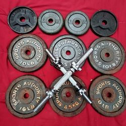 SET OF ADJUSTABLE DUMBBELLS=88 LBS . WITH 2 DUMBBELL HANDLE BARS  : (SIX) 10s  / (TWO)  6s  / (TWO)  5s