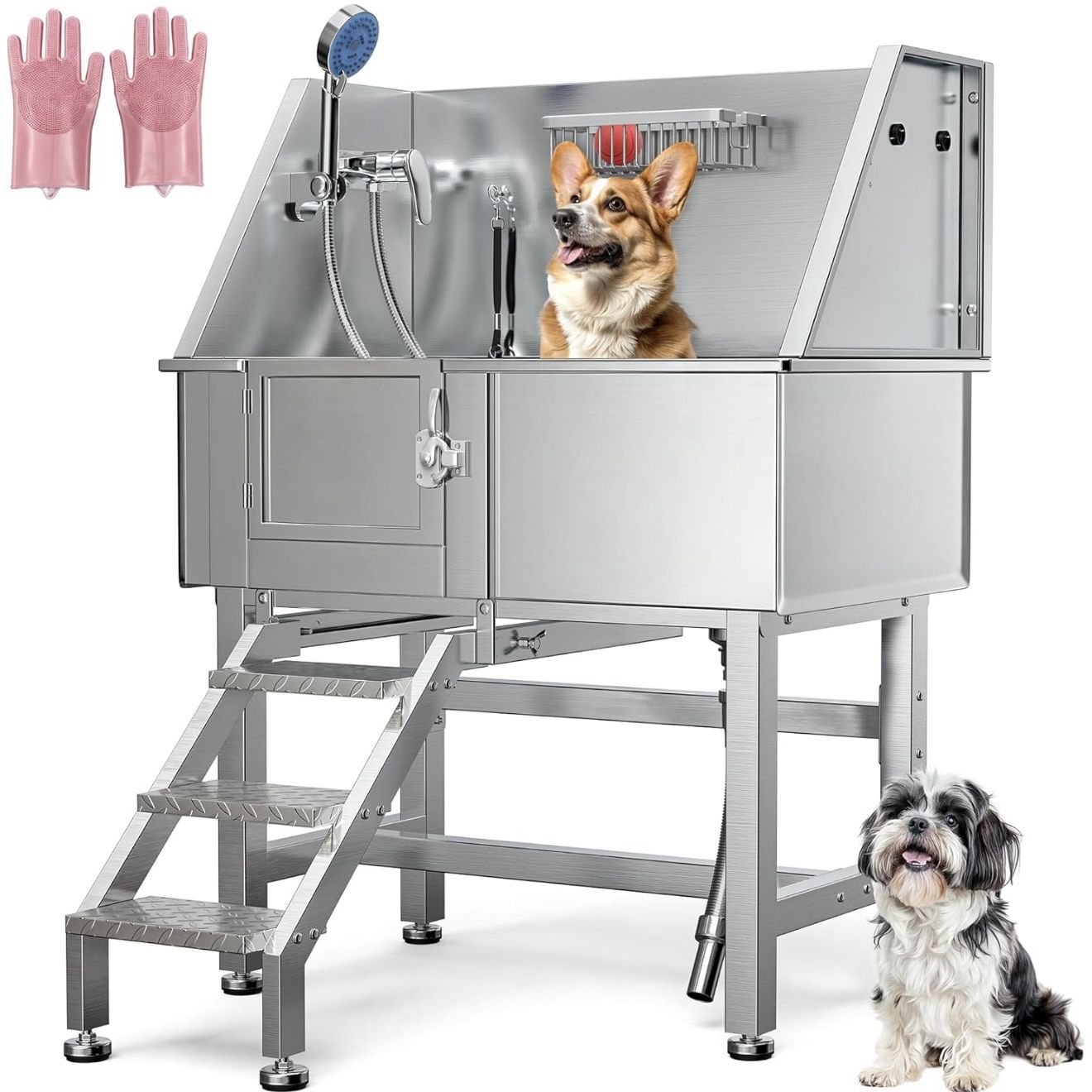 Dog Grooming Bathtub 38in, Professional 304 Stainless Steel Dog Bathing Station Tub w/Left Stairs, Faucet, Floor Grate,