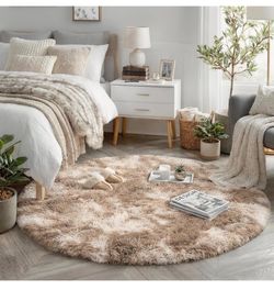 brown Fluffy Round Rug 5Ft for Girls Bedroom Decor Aesthetic, Shaggy Circle Area Rugs for Kids Room