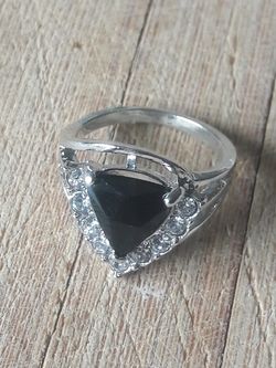 Black Onyx and White Sapphire Ring in Sterling Silver. Sizes 8