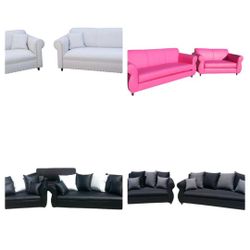 Brand NEW Sofa and Loveseat Set. WHITE, PINK   BLACK COMBO  LEATHER. BLACK AND GREY FABRIC Couch, Sofa And Loveseat Set./ More Color FABRIC Available.