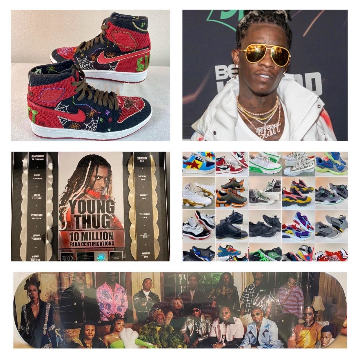 World Famous Rapper Young Thug's Personal Shoe Collection & Skateboard With Picture Of His Crew On It - Shoes - Sneakers - Memorabilia - Nike - Air Jo