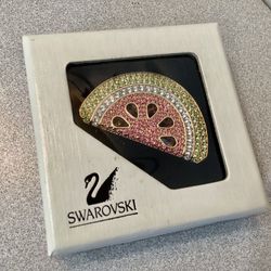 Signed Swarovski Watermelon Slice Pin-Brooch 22k Gold Plated Pave’ Crystals Retired 