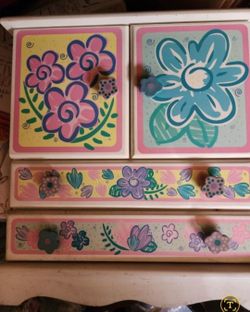 VTG Wooden Kid Flower Power Jewelry storage with 2 Drawers Mirror 13.5x12.5x6.5