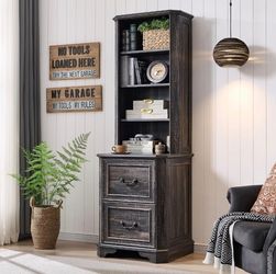 6-Tier Bookcase with 2 File Drawers, 72" Tall Farmhouse Bookshelf with Storage & Adjustable Shelves, Wooden Floor Standing Display Book Shelf Organize