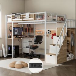 Full Size Loft Bed with Desk and Stairs, Headboard, Wardrobe, Bedside Storage Shelf