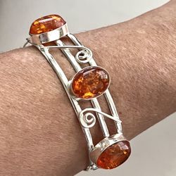 3-Stone Amber Silver Cuff Bangle Bracelet-fits large 8” wrist