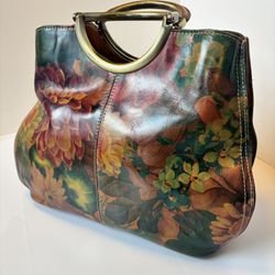 Patricia Nash Floral Leather Satchel – Multicolor Painted Finish – Ring Handle + Crossbody